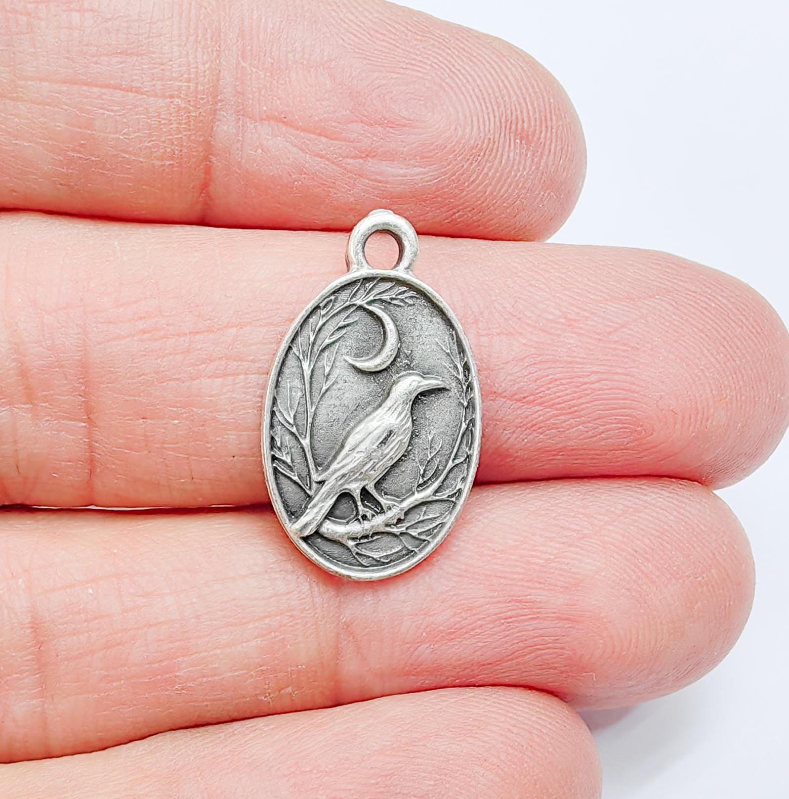 Raven and Moon Charm Pendant, Gothic Boho Charm, Nature Earring Charm, Mystical Bird, Necklace Parts, Antique Silver Plated 23x14mm G36873