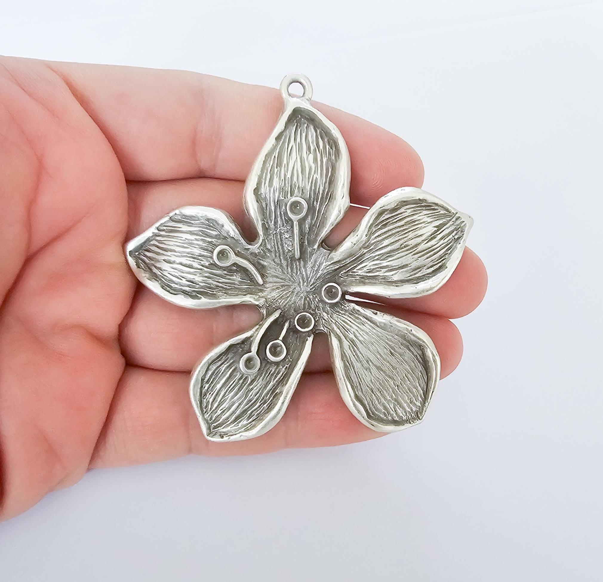 Large Five Petal Flower Pendant, Antique Silver Plated Orchid