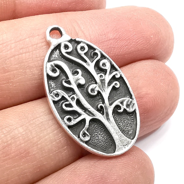 Oval Tree Charms, Dangle Charms Antique Silver Plated (31x18mm) G29873