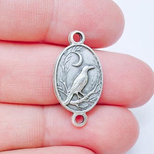 Raven and Moon Connector Charm Pendant, Gothic Boho Charm, Nature Earring Charm, Mystical Bird, Antique Silver Plated 27x14mm G37230