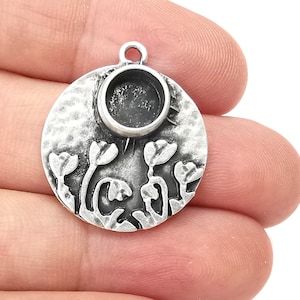 Flower Hammered Charms Blank Resin Bezel Mounting Cabochon Base Setting Antique Silver Plated (8mm Blank) G28216