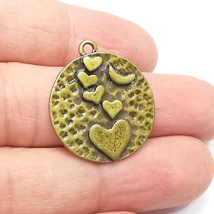 Heart Crescent Charms, Moon Charms, Hammered Disc Pendant, Antique Bronze Plated (29x27mm) G29205