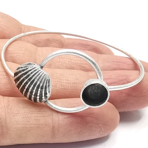 Scallop Sea Shell Silver Bracelet Brass Cuff Blank Bezel Glass Cabochon Base Adjustable Antique Silver Brass (8mm blank) G27282