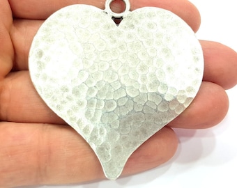 Antique Silver Pendant Large Heart Hammered Pendant Medallion  (65x58mm) Antique Silver Plated G12291