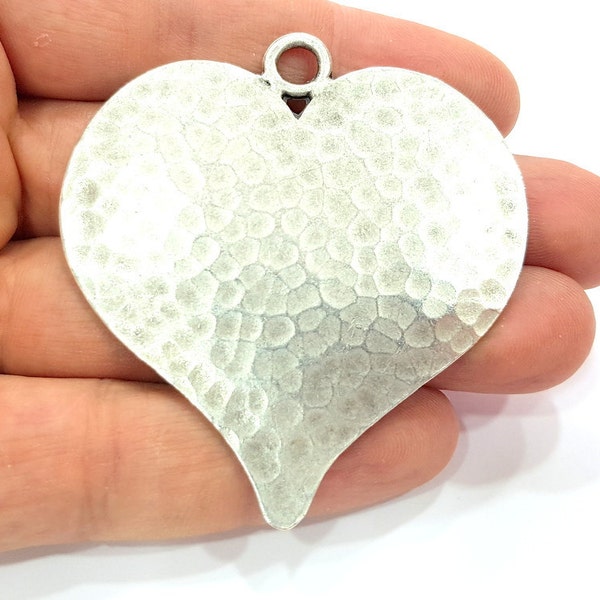 Antique Silver Heart Pendant Large Hammered Pendant Medallion  (65x58mm) Antique Silver Plated G12291