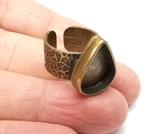 Bronze Ring Setting, Cabochon Blank, Resin Bezel, Drop Ring Mounting, Epoxy Frame Base, Adjustable Antique Bronze Plated 18x13mm G35405