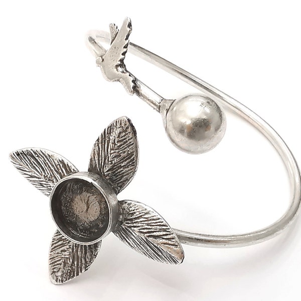 Leaf bird ball silver bracelet brass cuff blank bezel Glass cabochon base Adjustable antique silver brass (12mm blank) G26160