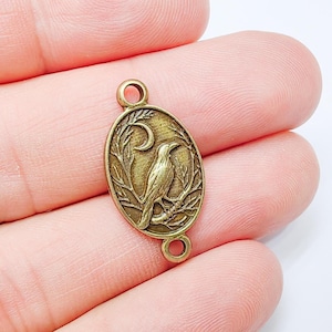 Raven and Moon Connector Charm Pendant, Gothic Boho Charm, Nature Earring Charm, Mystical Bird, Antique Bronze Plated 27x14mm G37273