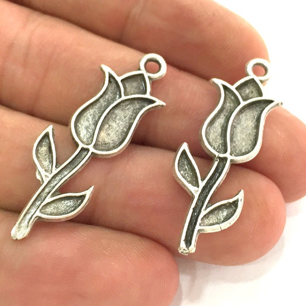 10 Pcs (37x13 mm)  Antique Silver Plated Metal Tulip  Charms  G3769