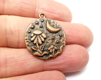 Copper Flowers Charms, Baroque Charms, Crescent Earring Charms, Copper Rustic Pendant, Necklace Parts, Antique Copper Plated 28x24mm G35400