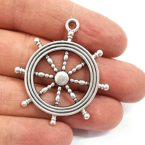 2 Ship steering wheel charms pendant Antique silver plated charm (45x40mm) G24343