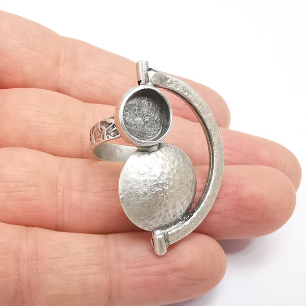 Silver Ring Setting, Cabochon Blank, Resin Bezel, Round Ring Mounting, Epoxy Frame Base, Adjustable Antique Silver Plated Brass 10mm G35246