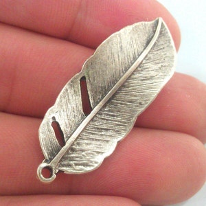 2 Feather Pendant Antique Silver Plated Feather Pendants  (42x16 mm) G9596