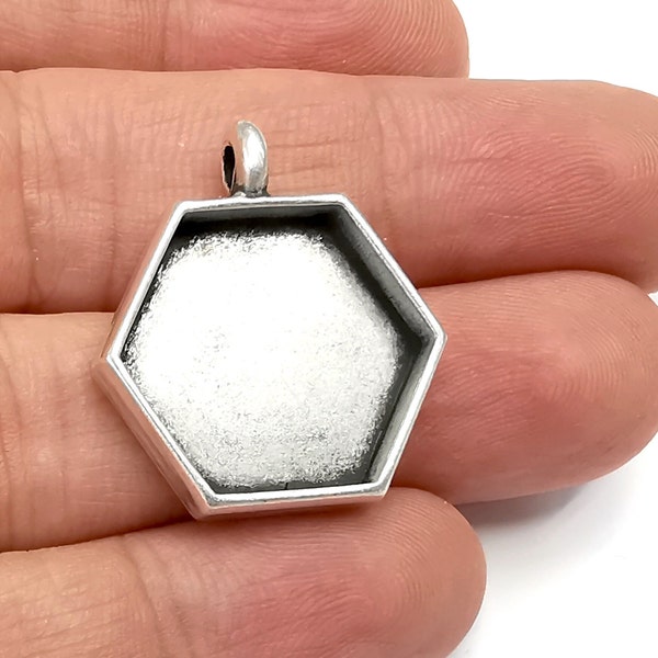 200 Pcs Hexagonal Pendant Blanks, Resin Bases, Mosaic Mountings, Dry flower Frame, Polymer Clay base, Antique Silver Plated (20mm)  G28179