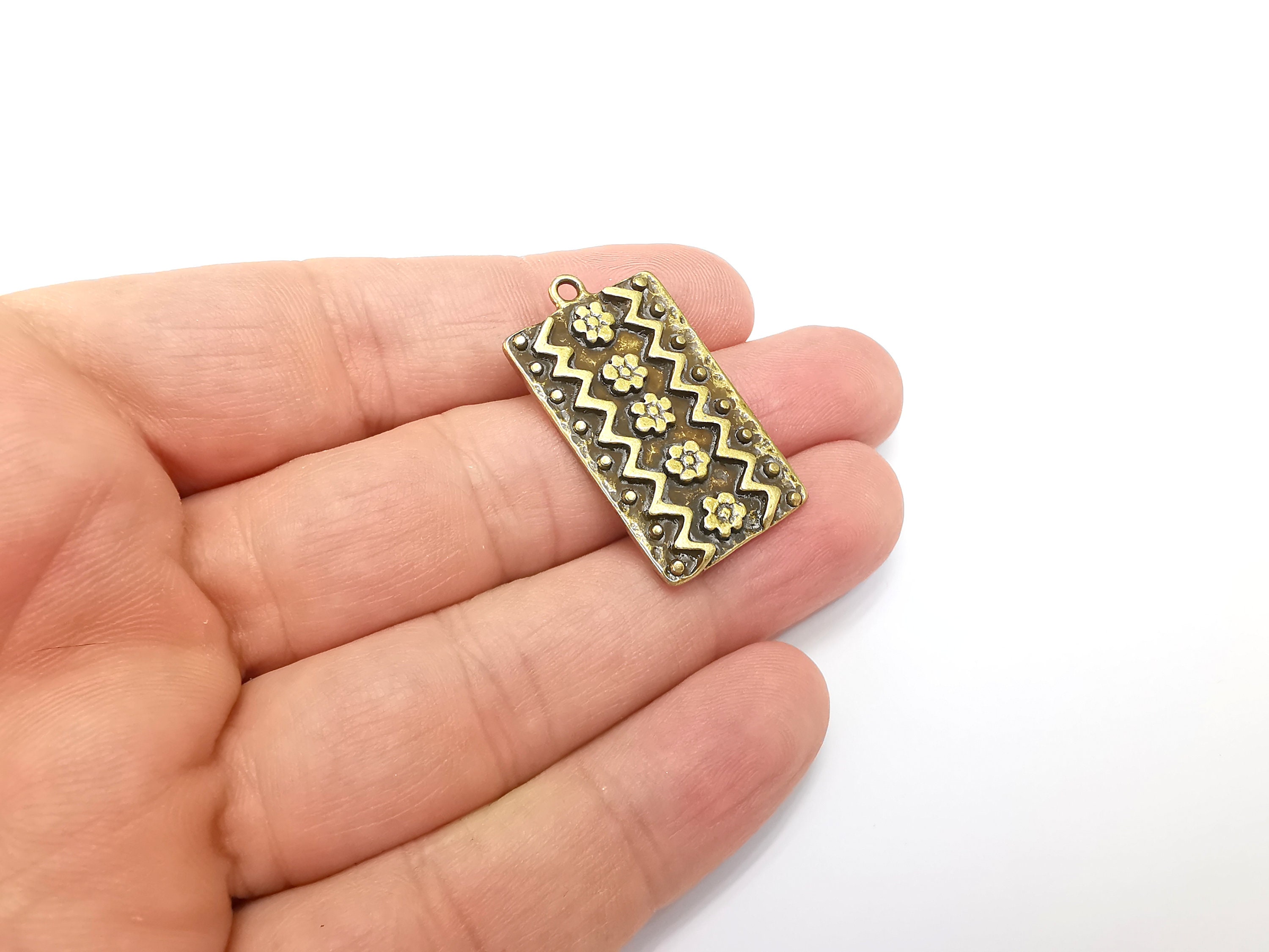 Flower Motif Charms, Zigzag Charms, Antique Bronze Plated (35x20mm