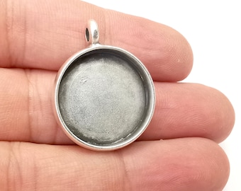 Round Pendant Blanks Resin Bezel Base Mosaic Mountings Antique Silver Plated (22 mm Bezel Inner Size)  G28220