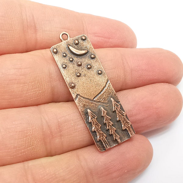 Landscape Charms, Moon and Star, Night Sky, Tree Mountain Charms, Forest Pendant, Earring Charms, Antique Copper Plated (43x14mm) G35357