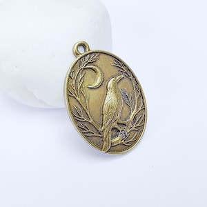 Raven and Moon Charm Pendant, Gothic Boho Charm, Nature Earring Charm, Mystical Bird, Necklace Parts, Antique Bronze Plated 40x28mm G36716