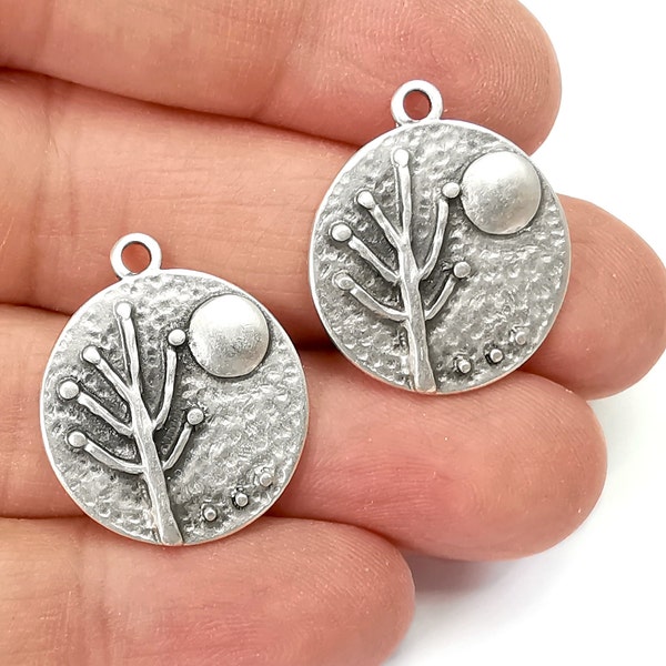 Tree Moon Charms Hammered Round Full Moon Pendant Antique Silver Plated Charms (26x22mm) G27995