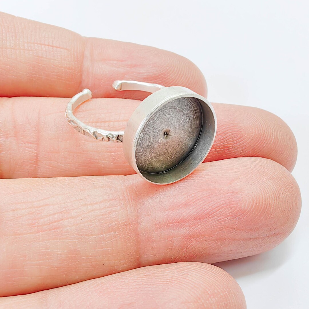 Adjustable Ring Base With 14mm Round Bezel, Textured Band, Antique ...