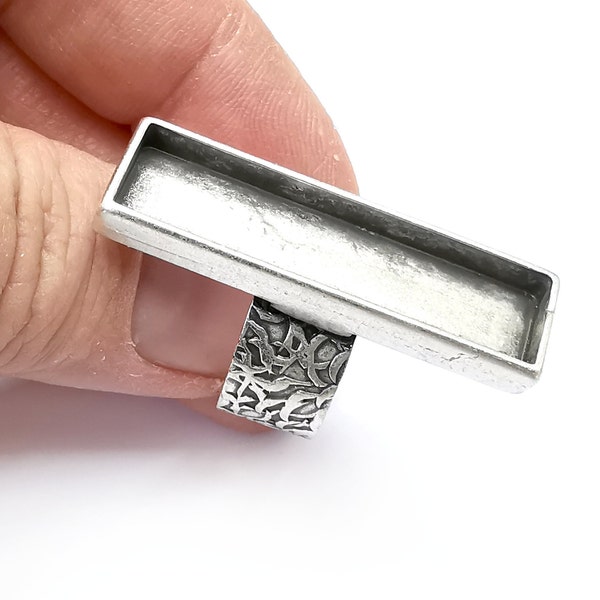 Rectangle Antique Silver Ring Blank Settings, Cabochon Mounting, Adjustable Resin Ring Base Bezel, Inlay Mosaic Ring Bezel (40x10mm) G33317