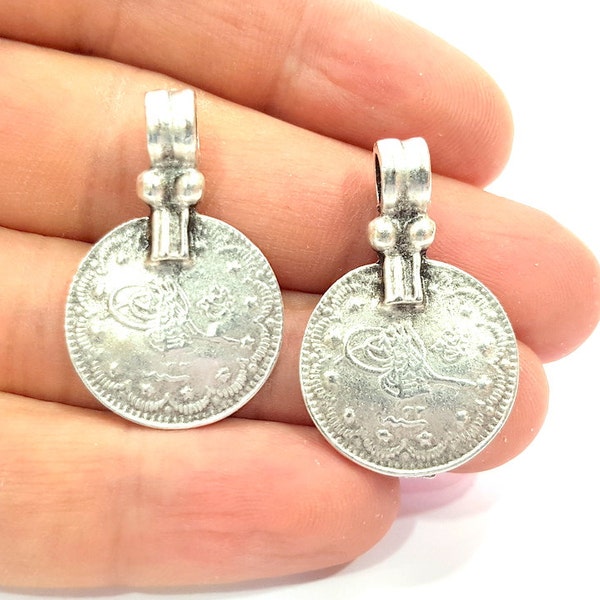 Antique Silver Coin Ottoman Signature Charms (34x22mm) Antique Silver Plated Metal  G6420