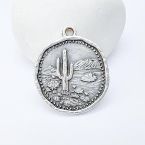 Desert Landscape Pendant, Boho Western Cactus Charm, Southwestern Jewelry, Mountain Nature Earring, Antique Silver Plated 32x27mm G37227