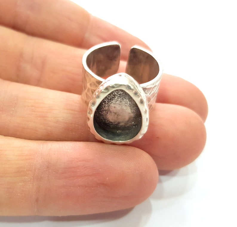 G16063 14x10mm Ring Blank Setting Hammered Ring Base Bezel inlay Ring Backs Glass Cabochon Mounting Adjustable Antique Silver Plated Ring