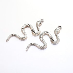 May include: Two silver snake charms with a textured surface. The charms are in the shape of a snake with its head raised and a loop at the top for attaching to a necklace or bracelet.
