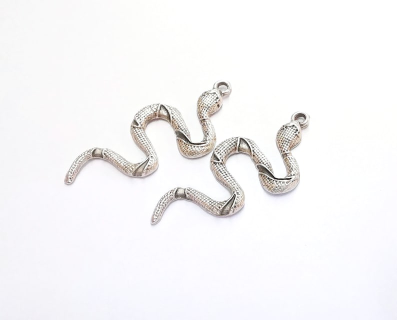 May include: Two silver snake charms with a textured surface. The charms are in the shape of a snake with its head raised and a loop at the top for attaching to a necklace or bracelet.