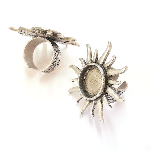 Zonring Onbewerkte zetting Getextureerde basis Bezel inlegring Achterkant van de ring Glas abochon Bevestiging Verstelbaar antiek verzilverd (omlijsting 16 mm) G20390