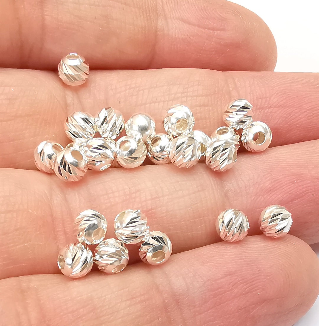 Sterling Silver Multi Diamond Cut Round Ball Beads, 925 Solid Silver