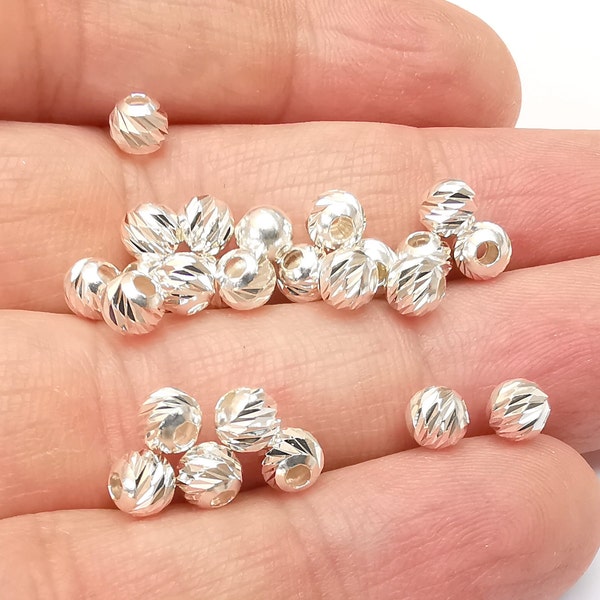 Sterling Silver Multi Diamond Cut Round Ball Beads, 925 Solid Silver Beads, Disco Ball Beads, 5mm Silver Bracelet Necklace Bead (5mm) G30120