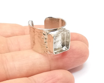 Shiny Silver Square Ring Setting, Cabochon Blank, Resin Bezel, Ring Mounting, Epoxy Frame Base, Adjustable Rhodium Plated Brass 10mm G35674