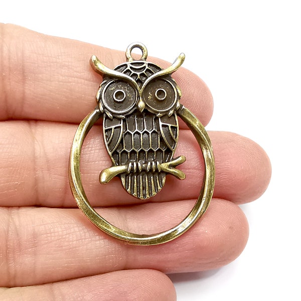 Owl Circle Charms, Antique Bronze Plated (44x32mm) G33460