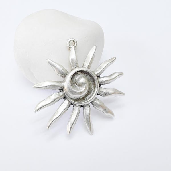 Radiant Sun Pendant, Spiral Center Solar Charm, Boho Statement Celestial Necklace, Rustic Summer, Antique Silver Plated 48x46mm G37166