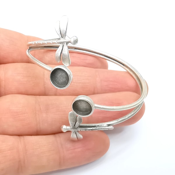 Wire Dragonfly Bracelet Bezel, Wrap Cuff Resin Blank, Wristband Base, Cabochon Mounting, Adjustable Antique Silver Plated Brass 8mm G34941