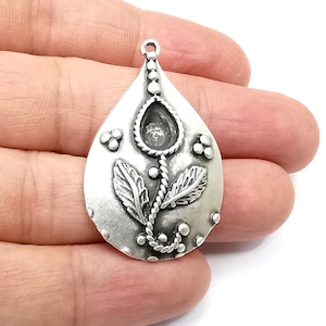Drop Flower Pendant Blanks, Resin Bezel Bases, Mosaic Mountings, Dry flower Frame, Polymer Clay base, Antique Silver Plated (10x7mm) G33738