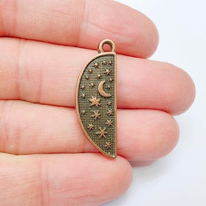 Celestial Moon and Star Charms, Cosmic Pendant, Half Moon Earring Charms, Night Sky Boho Charms, Antique Copper Plated Zamac 35x12mm G37032