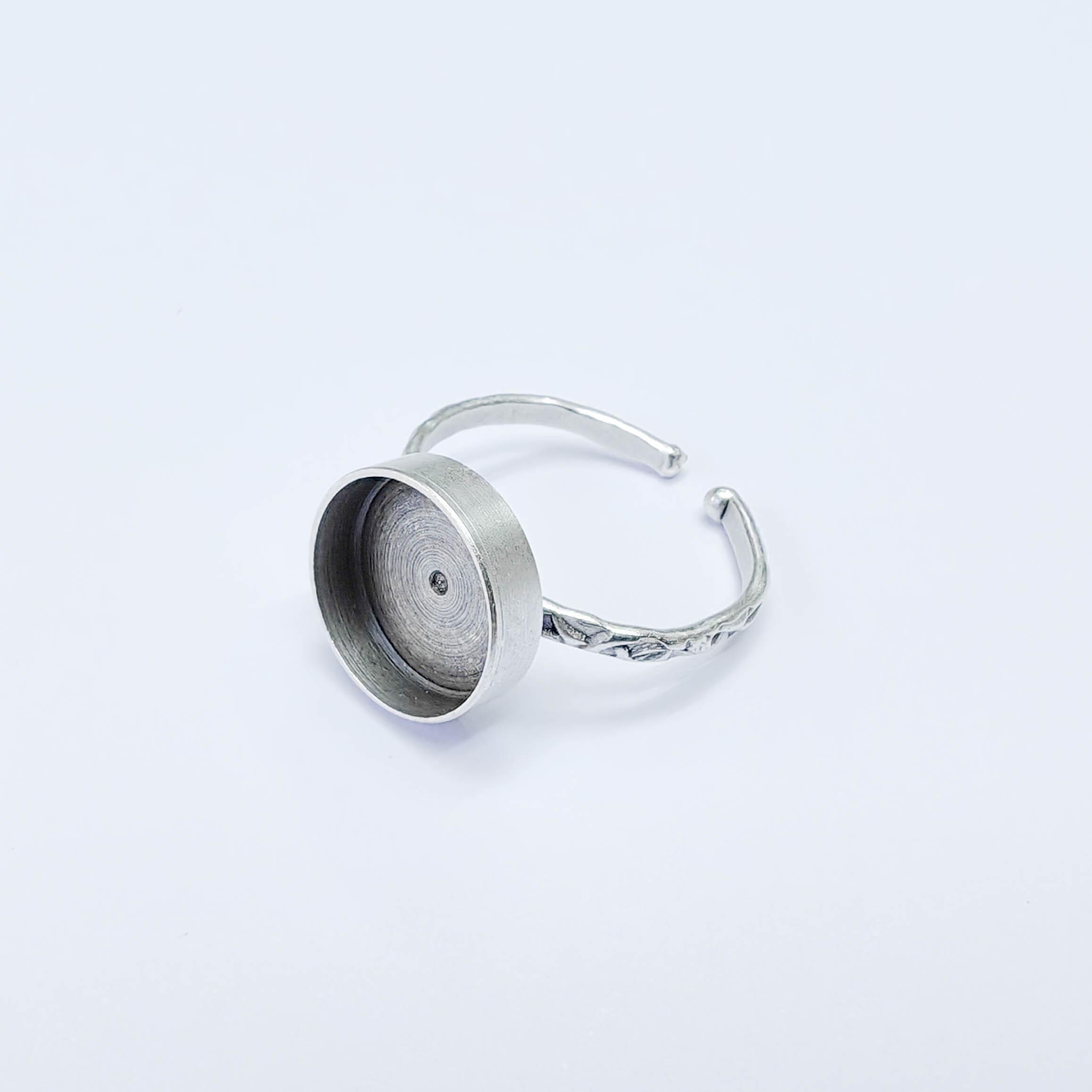 Adjustable Ring Base With Round Bezel Setting, Antique Silver Plated ...