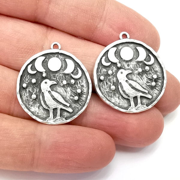 Raven Moon Charms Crescent Stars Charms Moonrise Pendant Antique Silver Plated Charms (30x26mm) G27857