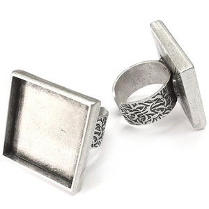 Square Ring, Branch Ring Blank Setting, Cabochon Mounting, Adjustable Resin Base Bezels, Antique Silver Plated (25mm) G28662