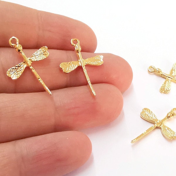 5 Dragonfly Charms 24K Shiny Gold Plated Charms (27x19mm)  G21576