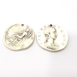 2 Coin Charm Silver Charm Antique Silver Plated Metal (29 mm)  G15258