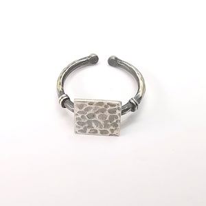Square Stamping Ring Blanks, Cabochon Ring Sterling Matte Antique Silver Engraving Blank, Statement Adjustable 925 Solid Silver 10mm G30450