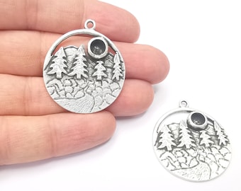 Landscape Pendant River Mountain Forest Pine Tree Blank Resin Bezel Mounting Base Setting Antique Silver Plated Charms (6mm Blank) G26732