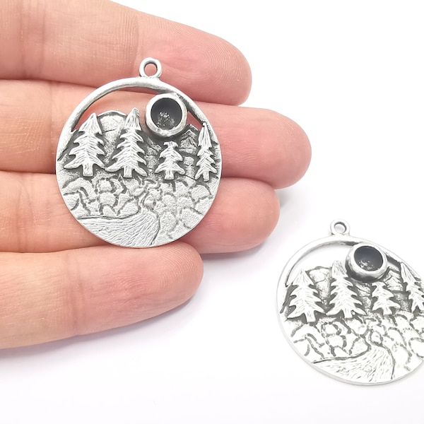 Landscape Pendant River Mountain Forest Pine Tree Blank Resin Bezel Mounting Base Setting Antique Silver Plated Charms (6mm Blank) G26732