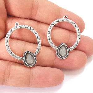 Silver sun drop bezel charm blank base Antique silver plated 37x28mm (Blank Size 10x7mm) G25832