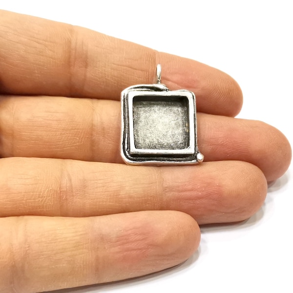 Silver Pendant Blank Mosaic Base Blank inlay Blank Necklace Blank Resin Blank Antique Silver Plated Brass ( 15x15mm square blank)  G16478