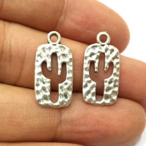 Hammered Cactus (Double Sided) Charms Antique Silver Plated Charms (23x12mm)  G18133